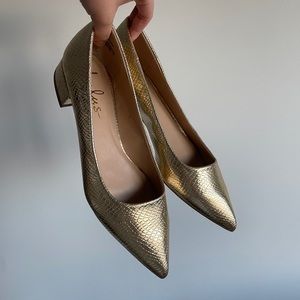 Lulus Alessia Gold Snake Embossed Low Pointed-Toe Heels